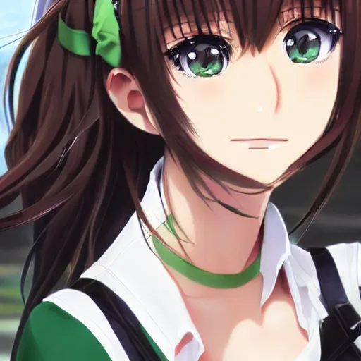 Image similar to key anime visual of a beautiful girl with brown hair and green eyes, trending on Pixiv; detailed