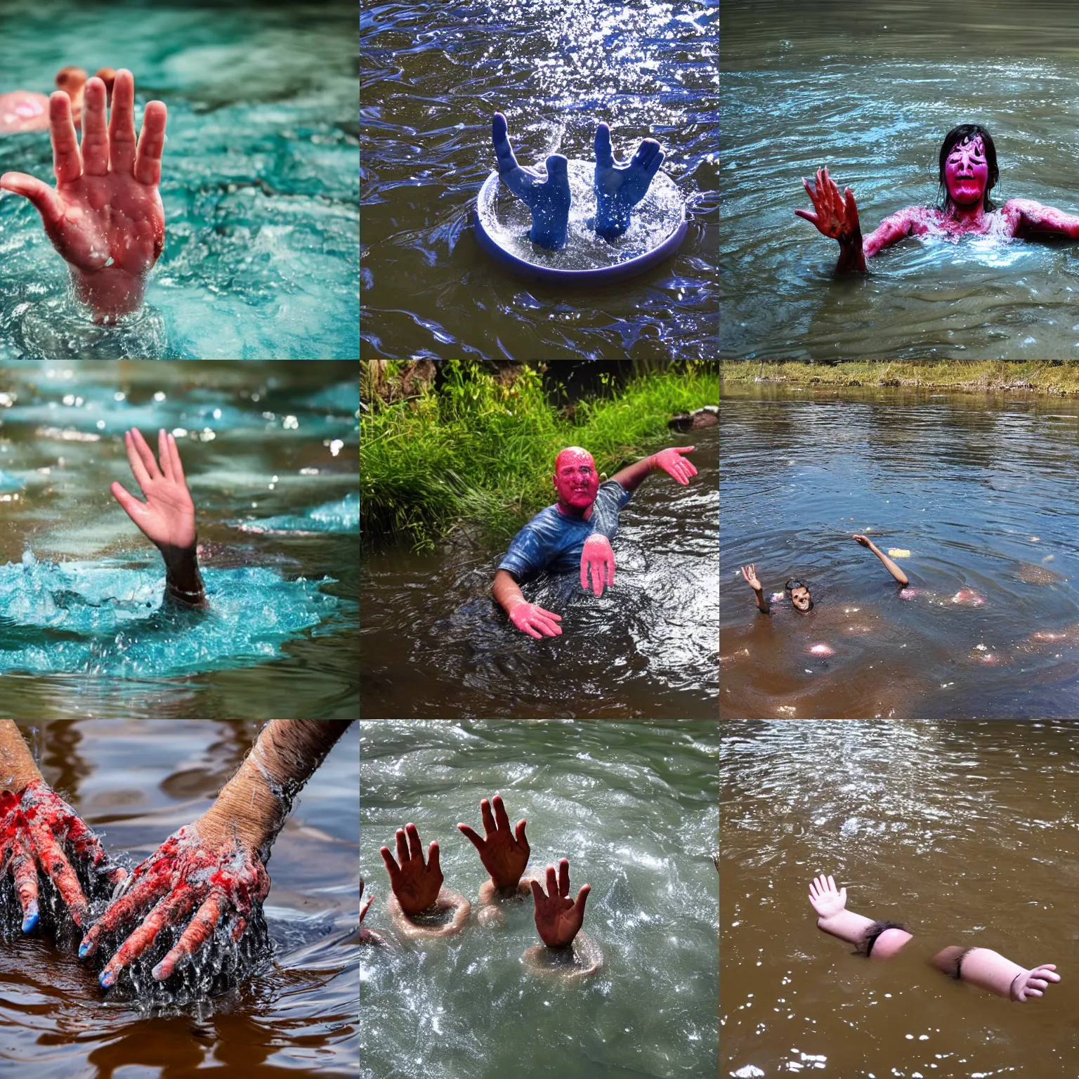 Prompt: big fingers floating in acid river