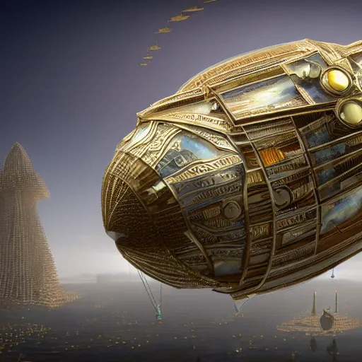 Prompt: enormous flying city in a faberge egg, sky, steampunk, fantasy art, masterpiece, hugh ferriss, octane render