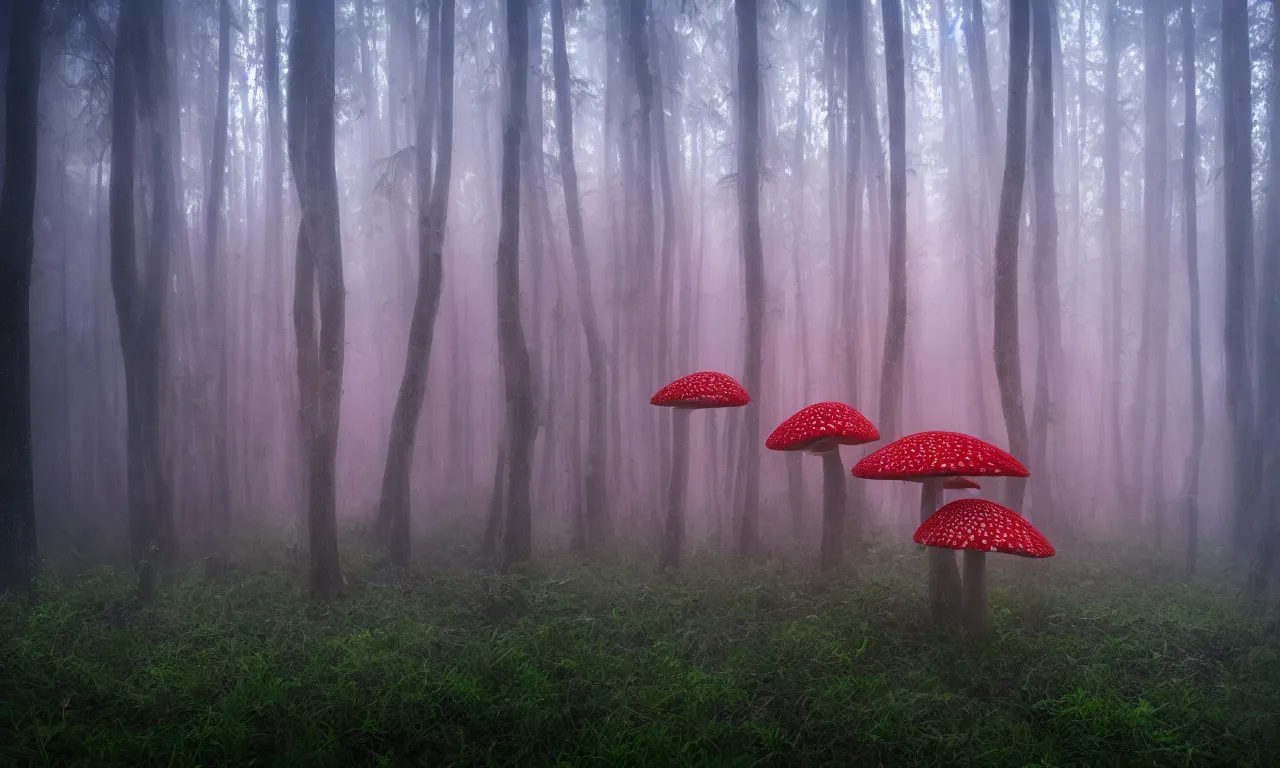 Image similar to misty pine forest floor, mystical, amanita muscaria mushrooms dripping with mist, firefly's swarming, sun shining through the tree canopy, dreamy colors, photorealistic, landscape photography, beautiful, 4 k, trending on artstation, serene, bliss, closeup, macroscopic