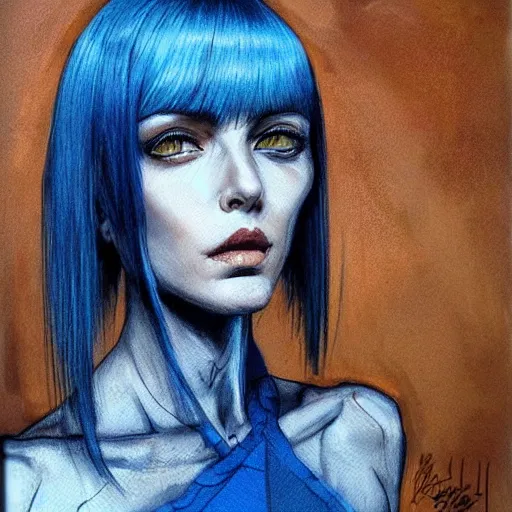 Prompt: intricate portrait, pure skin, short blue hair, enki bilal!