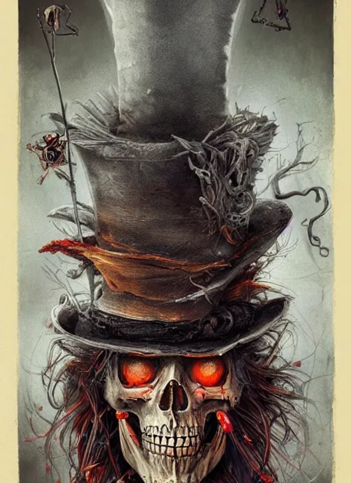 Prompt: mad hatter death tarot card, highly detailed, half skull face, cinematic, 8 k, by stanley artgermm, tom bagshaw, greg rutkowski, carne griffiths, ayami kojima, beksinski, giger, trending on deviantart, hyper detailed, horror, full of colour