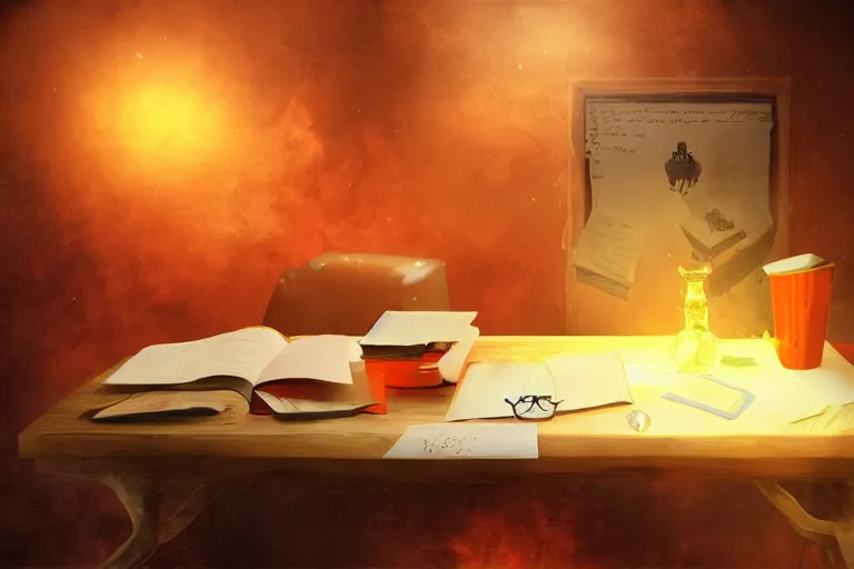 Image similar to office desk with a spilled glowing orange potion, 1 2 th century fantasy photograph, featured on pixiv, magical potion