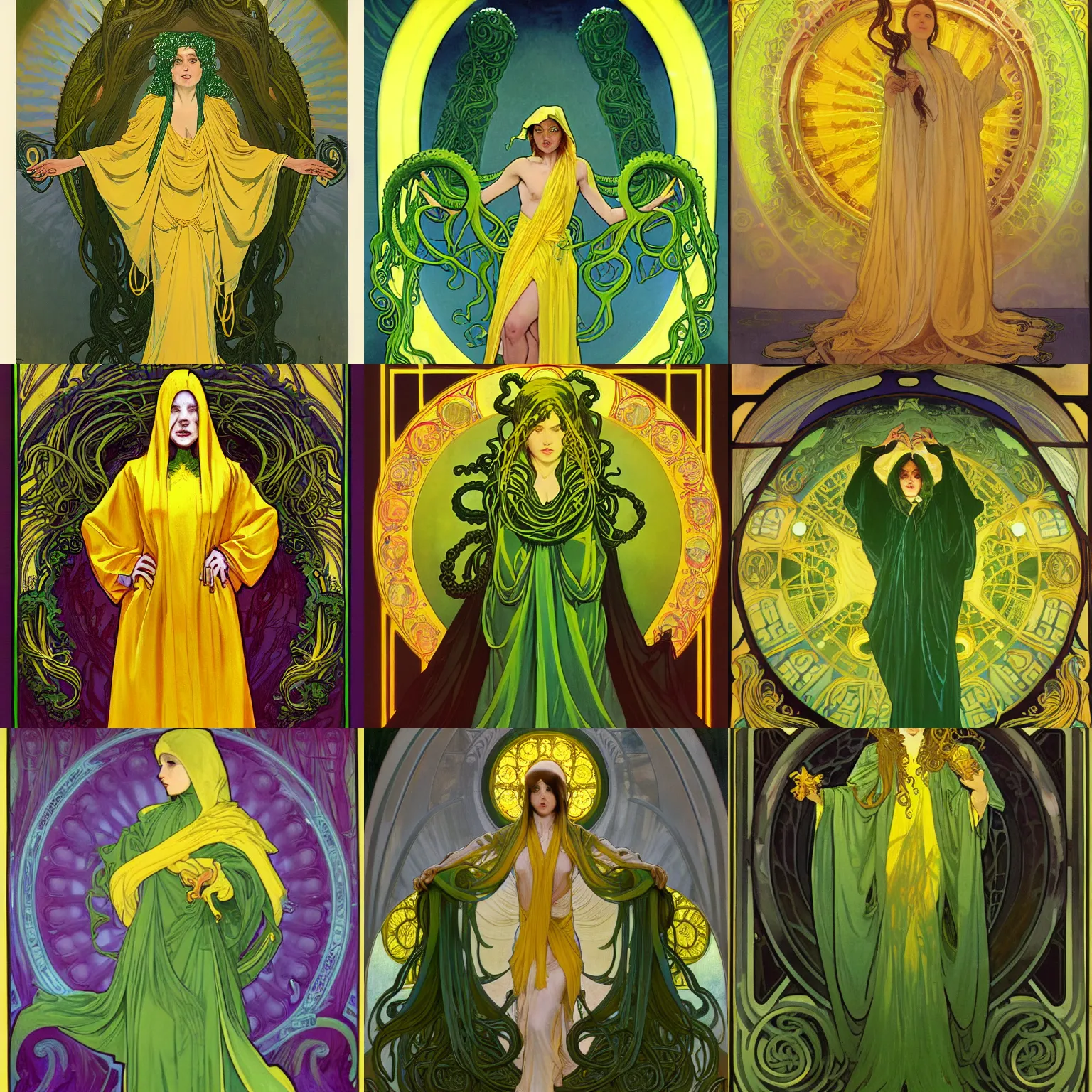 Prompt: a beautiful, yellow-robed cultist with symmetrical face, pulling open her robes to reveal a mass of shiny green tentacles, fantasy, cthulhu, clothing, elaborate, art by alphonse mucha, atmospheric, oil painting, 4k