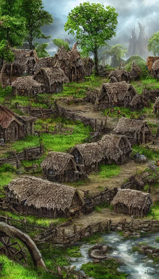 Image similar to a goblin village near a river, photorealistic, 8k, high detail, high quality, dramatic lighting, HDR