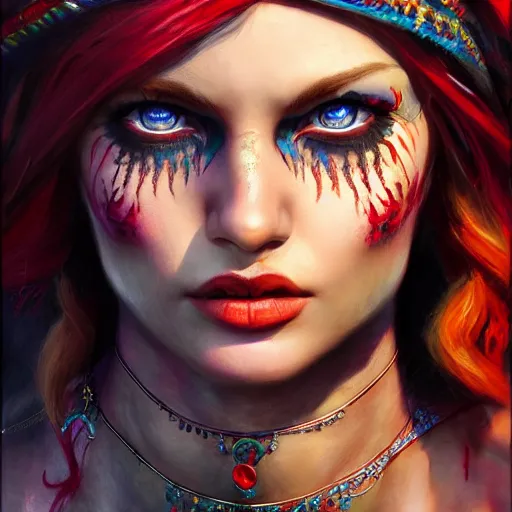 Image similar to the gypsy, perfect eyes, full body shot, portrait, vivid colors, elegant, concept art, sharp focus, digital art, Hyper-realistic, 4K, Unreal Engine, Highly Detailed, HD, Dramatic Lighting by Brom, trending on Artstation