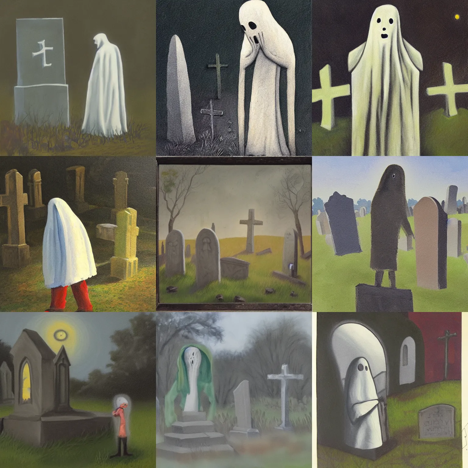 Prompt: elson peter painting of a strange ghost in a graveyard