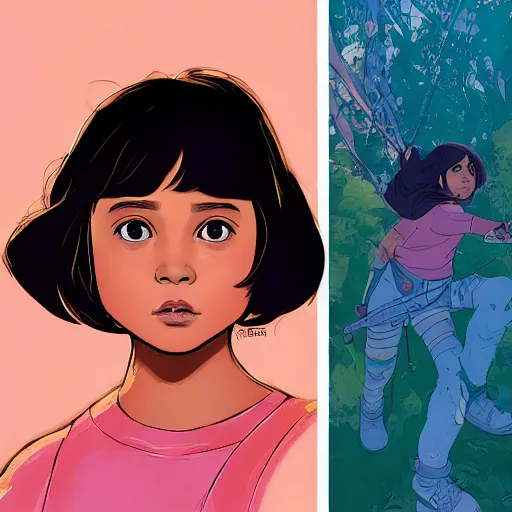 Image similar to a study of cell shaded portrait of Isabela Moner as dora the explorer, concept art, illustration, post grunge, concept art by josan gonzales and wlop, by james jean, Victo ngai, David Rubín, Mike Mignola, Laurie Greasley, highly detailed, sharp focus, alien, rim light, Trending on Artstation, HQ, deviantart, art by artgem