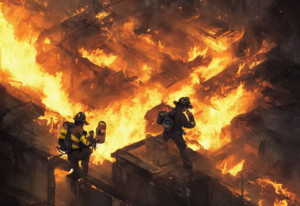 Image similar to one heroic firefighter in action in black and yellow uniform, fire flames, sharp details, sharp focus, realistic, highly detailed, illustration, by jordan grimmer and greg rutkowski and pine ( ハイネ ) and 薯 子 imoko and 香 川 悠 作 and wlop and maya takamura, intricate