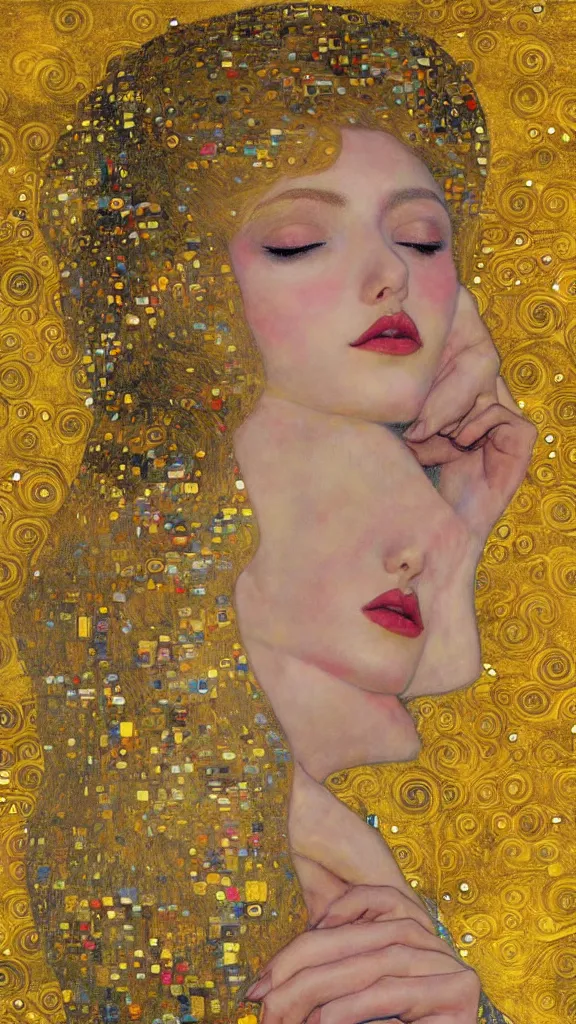 Image similar to a soft and breathtaking detailed painting of a full body sleeping blonde princess in the style of Gustav Klimt, blonde hair, shiny gold, elegant, highly detailed, artstation, fluo colors, concept art, matte, sharp focus, art by Gustav Klimt