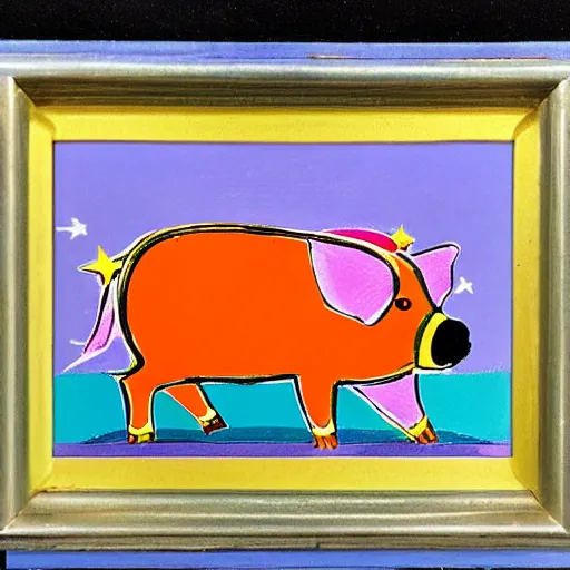 Image similar to pig wearing a simple gold in the style of peter max