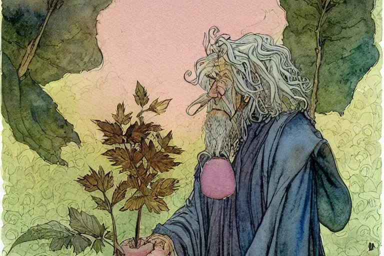 Image similar to a realistic and atmospheric watercolour fantasy character concept art portrait of gandalf with pink eyes lying on his back looking happy and confused with a pot leaf nearby, by rebecca guay, michael kaluta, charles vess and jean moebius giraud