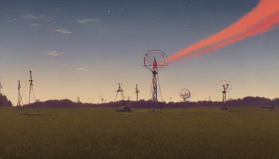 Image similar to space antennas, sun in the sky, early morning, open field, simon stalenhag, art deco painting