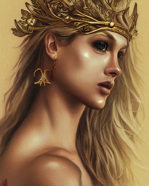 Image similar to realism tattoo sketch of beautiful super model aphrodite greek goddess wearing a gold laurel wreath and triangle earrings,, beautiful piercing gaze with sharp pupils, beautiful blonde hair, in the style of greg rutkowski, fantasy, amazing detail, epic, elegant, smooth, sharp focus, front view