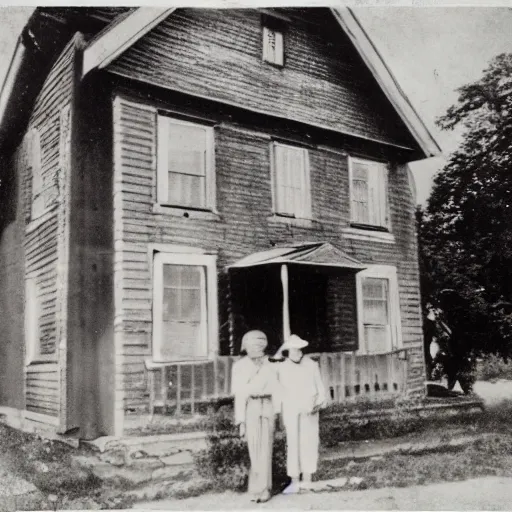 Prompt: a vintage photo of an old man and woman in front of an old house