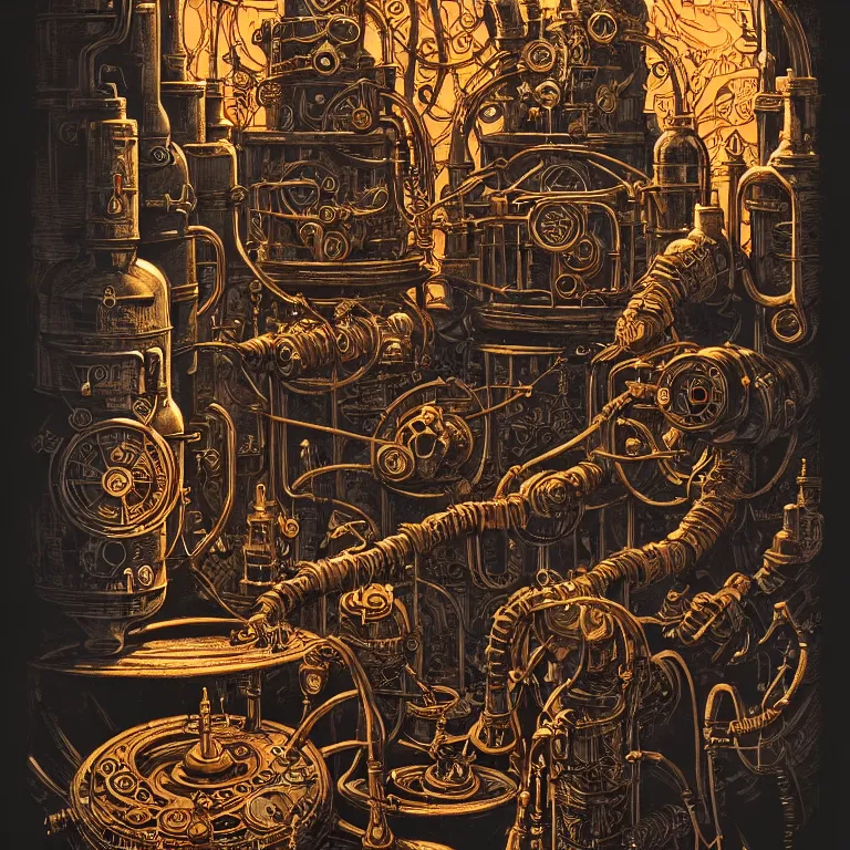 Prompt: ancient alchemist steampunk wizards laboratory, high details, intricately detailed, by vincent di fate, inking, 3 color screen print, masterpiece, trending on artstation,, sharp, details, hyper - detailed, hd, 4 k, 8 k