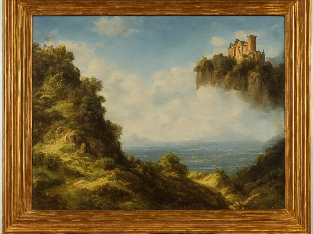 Image similar to a landscape painting of a german castle on the cliff