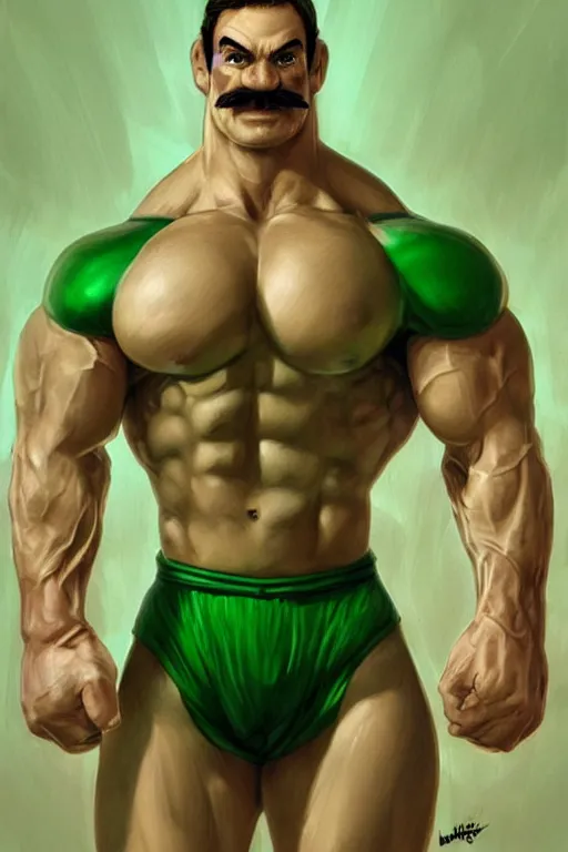 Image similar to muscular luigi wearing a green jumpsuit by ilya kuvshinov, bodybuilder ernest khalimov, super mario bros symmetrical face concept art, hyper realistic, intricate, elegent, highly detailed, digital painting, concept art, smooth, sharp, focus, illustration, art by artgerm and greg rutkowski and alphonse mucha, artstation