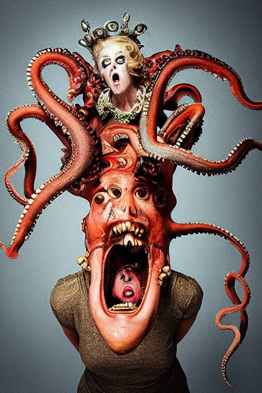 Prompt: a spectacular wideangle portrait of a screaming scary rococo queen with a octopus head, award winning photography