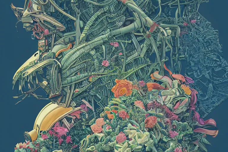 Image similar to gigantic mecha head, a lot of exotic vegetation, trees, flowers by moebius, dull colors, junji ito, tristan eaton, victo ngai, artgerm, rhads, ross draws, hyperrealism, intricate detailed, risograph