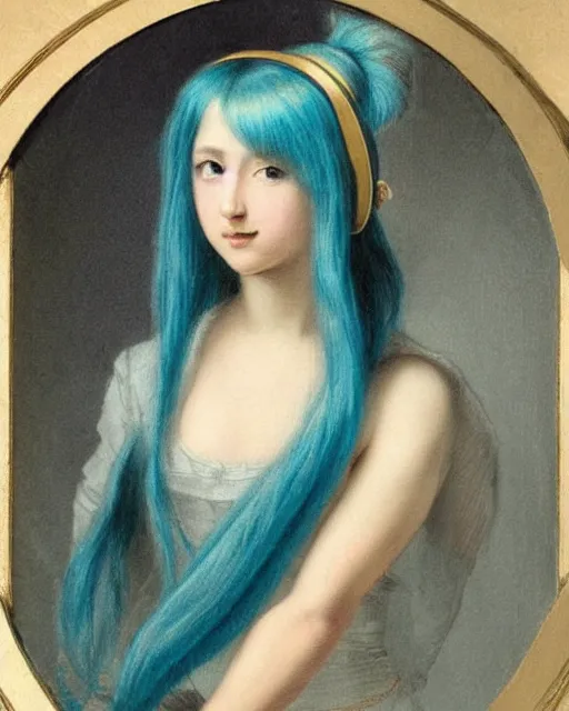 Image similar to 19th century romantic painting of hatsune miku, blue hair, golden ratio