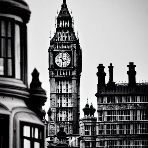 Image similar to Black and White photo of steampunk airship docking at Big Ben