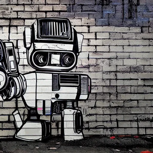 Prompt: chappie robot color graffiti, black and white zef design graffiti covering the wall behind, dark lighting, digital art