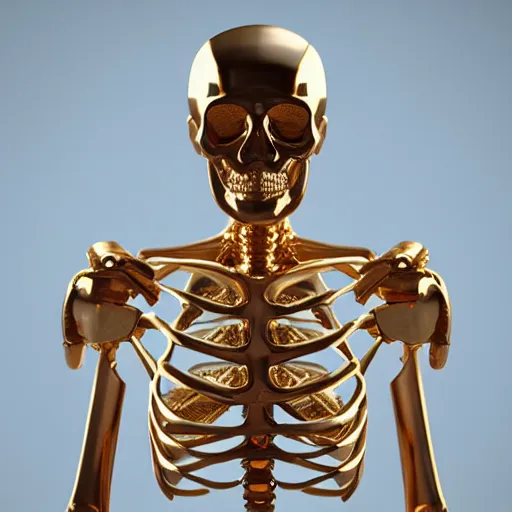 Prompt: a computer generated image of a human made out of gold, skeleton, a computer rendering by mike winkelmann, featured on zbrush central, neo - figurative, octane render, rendered in cinema 4 d, zbrush