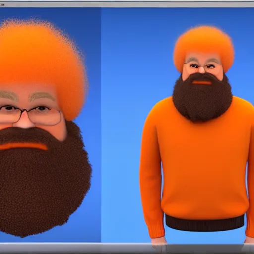 Image similar to a man with an orange hair and beard wearing a sweater, a character portrait by Bob Ross, featured on zbrush central, shock art, bob ross, bryce 3d, zbrush