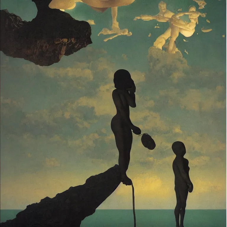 Image similar to A Monumental Public Sculpture of a 'Baby Head made of Sea Anemone Facing upward' on a pedestal by the lake, surreal oil painting by Maxfield Parrish and Max Ernst shocking detail hyperrealistic!! Cinematic lighting