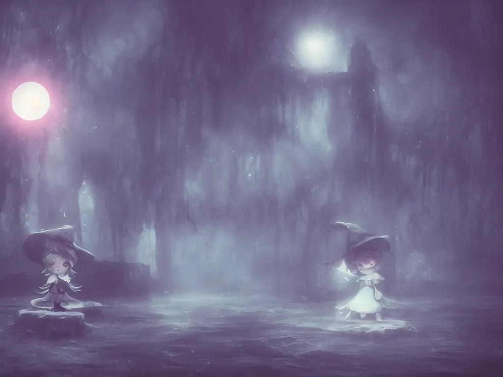 Image similar to cute fumo plush girl witch on a tiny island surrounded by murky river water, river styx, cursed otherworldly chibi gothic horror wraith maiden, lost in the milky void, hazy heavy magical glowing swirling murky volumetric fog and smoke, concrete brutalist ruins, moonglow, lens flare, vray