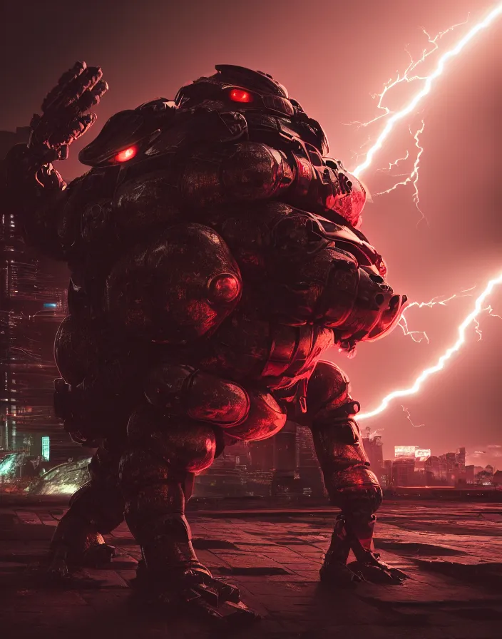 Image similar to a photo of a huge wide toad in a futuristic armor with glowing katana sword, cyberpunk, hyper realistic, hyper detailed, volumetric lightning, grainy film, octane render, 8k, raytracing