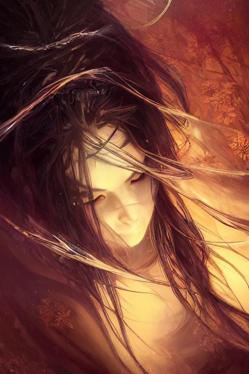 Image similar to beautiful female Ninja and mystery and gorgerous and black magic and stunning portrait+shiny eyes+light flowing hair, in mudra night ruin tokyo temple, ultradetail face, art and illustration by tian zi and craig mullins and WLOP and alphonse mucha, rim lght, fantasy, intricate complexity, human structure, fantasy world concept, watermark, blurry, hyperrealism 8k