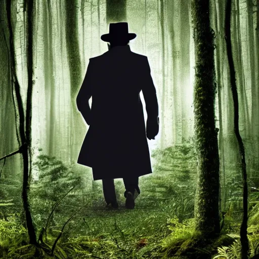 Image similar to shadowy man wearing a trenchcoat and a fedora in a liminal forest, uneasy feeling