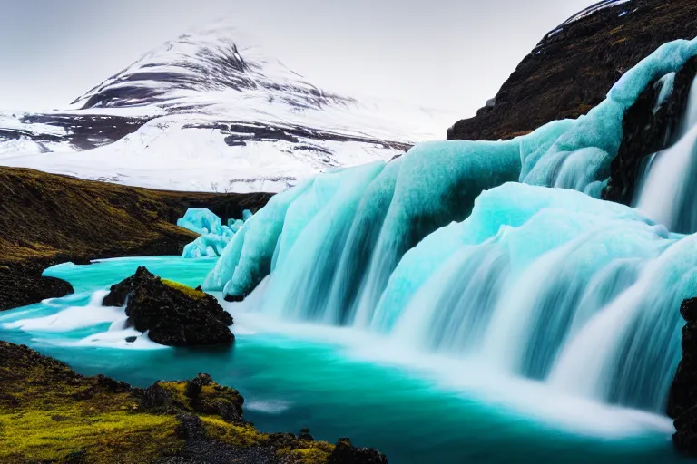 Prompt: photo of a landscape with mountains with waterfalls and snow on top, wallpaper, very very wide shot, blue glacier, iceland, new zeeland, green flush moss, national geographics, professional landscape photography, sunny, day time, beautiful