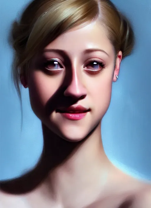 Image similar to portrait of lili reinhart with fluffy bangs, smiling kindly, bangs, 1 9 6 0 s, ponytail, fluffy bangs and ponytail, intricate, elegant, glowing lights, highly detailed, digital painting, artstation, concept art, smooth, sharp focus, illustration, art by wlop, mars ravelo and greg rutkowski