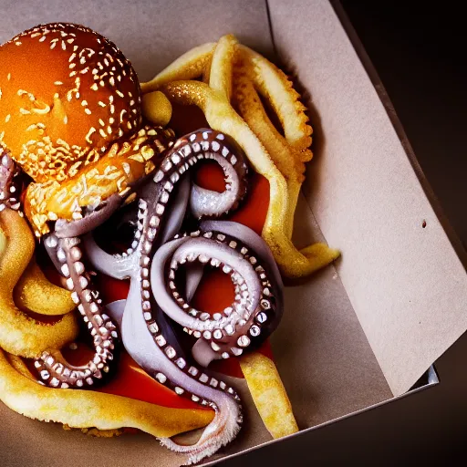 Image similar to octopus made of steel eating fastfood, 5 5 mm