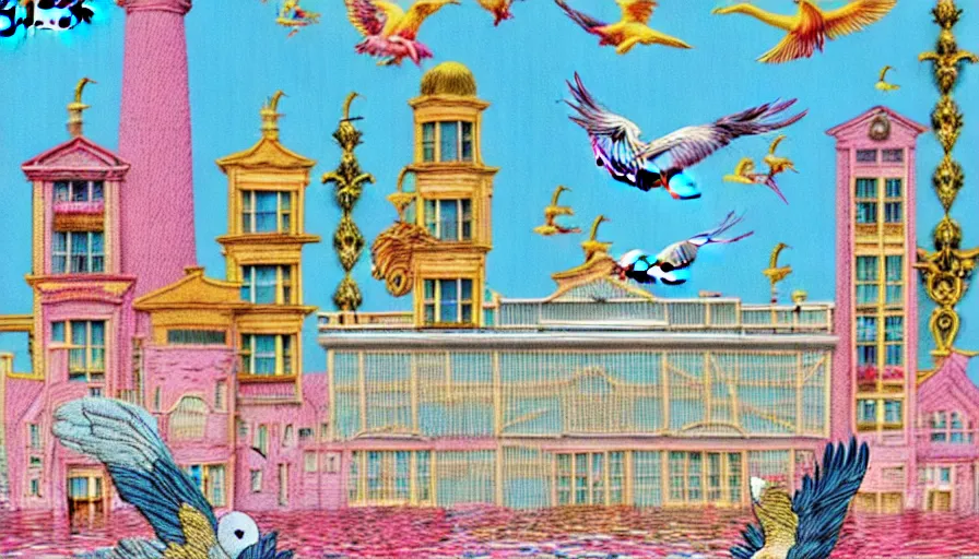 Prompt: building along a river, seen from the long distance. maximalist paper and embroidery fabric collage. huge flamish baroque birds flying. highly detailed childrenbook illustration in interesting unusual pastel tones. matte background.