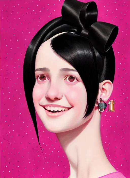 Image similar to portrait of high school girl, realistic, black hair, bangs, half updo hairstyle, pointy nose, skinny, smile, ugly, defined jawline, big chin, pink hair bow, earrings, intricate, elegant, glowing lights, highly detailed, digital painting, artstation, sharp focus, illustration, art by wlop, mars ravelo and greg rutkowski