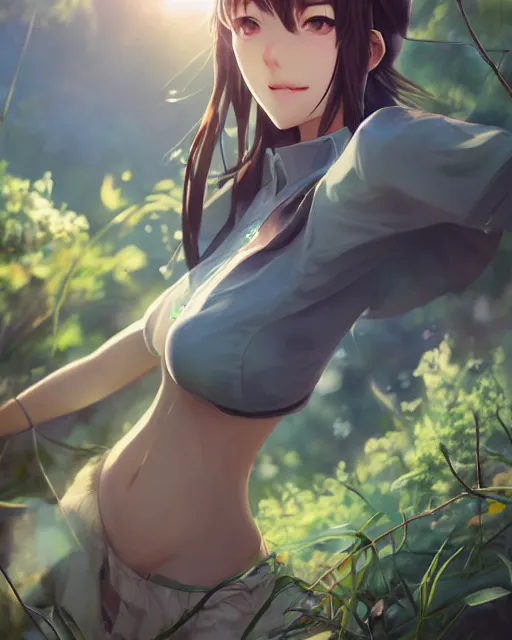 Prompt: a girl, very sexy nature outfit, medium shot, visible face, detailed face, perfectly shaded, atmospheric lighting, by makoto shinkai, stanley artgerm lau, wlop, rossdraws