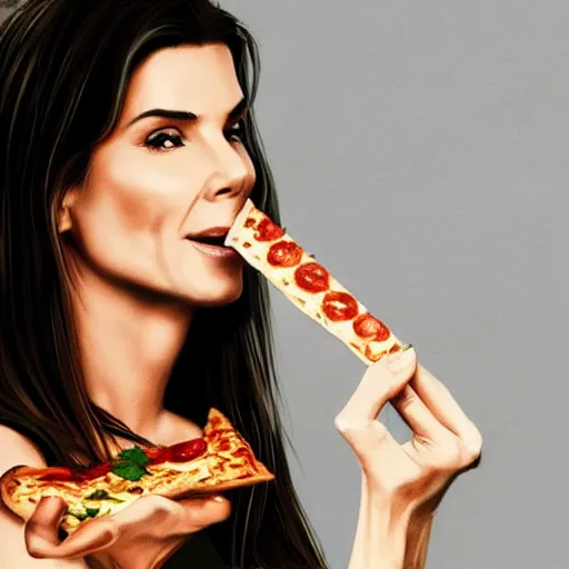 Image similar to sandra bullock eating pizza concept art, ultra realistic, digital art, rich deep colors, smooth shadows, high resolution, cinematic