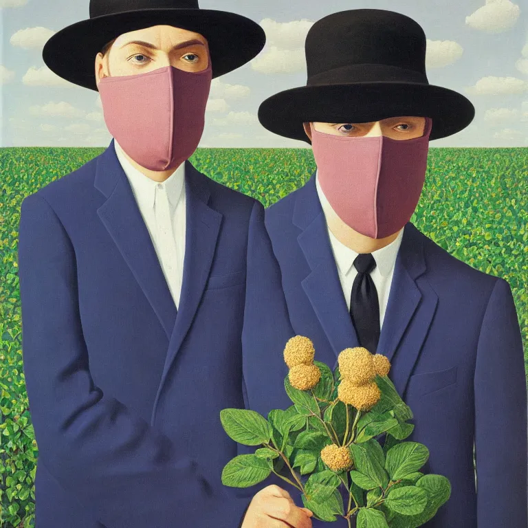 Image similar to portrait of man in a suit with flowers hiding his face by rene magritte, detailed painting, hd, hq, high resolution, high detail, 4 k, 8 k