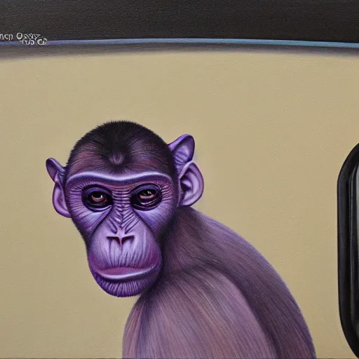 Image similar to beautiful detailed photorealistic painting of a purple monkey dishwasher