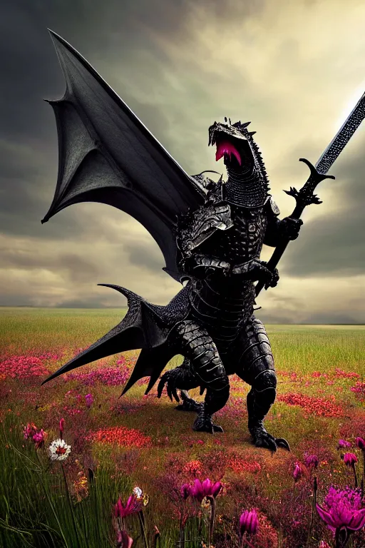 Prompt: hyperrealistic neo - gothic cinematic armored dragon holding sword in a field of flowers, highly detailed smooth digital art masterpiece, vitaly bulgarov dramatic low light, ground angle uhd 8 k, sharp focus