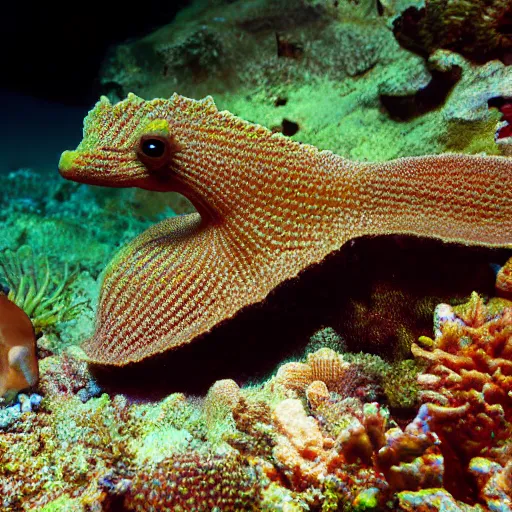 Image similar to Photo of a little sea horse scared by three snorkel divers taking photos with flash of him, hyperrealism, dynamic lighting