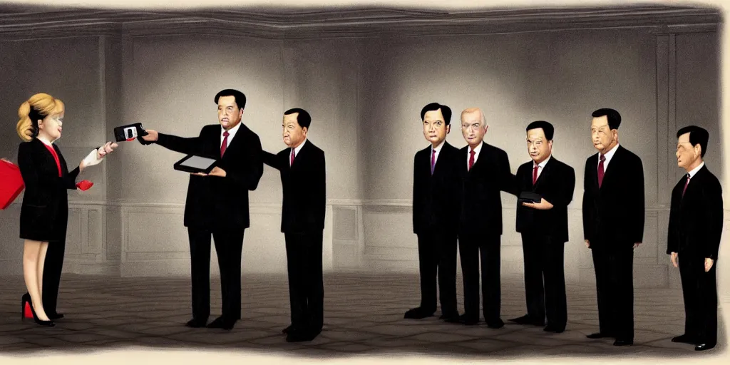 Prompt: whitehouse politicians in black handing over technology to the ccp, inspired by mark ryden, concept art, digital art