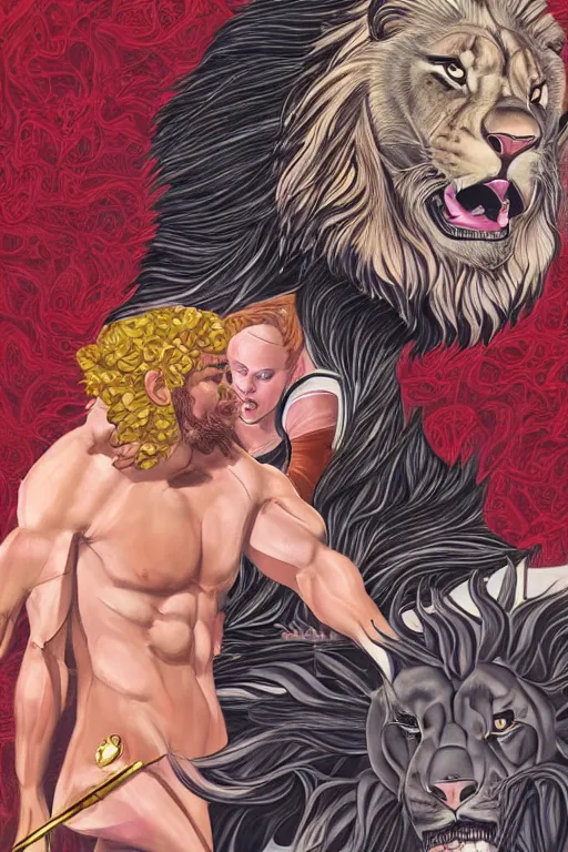 Image similar to hyperreality illustrator from karah mew in collaboration with jennifer mccord and tetsuya nomura, depicting hercules against the cremean lion, this image is very detailed, very realistic, incrinate, boroque, complex, and also very aesthetic, winning an award as the best pop art illustration of this century.