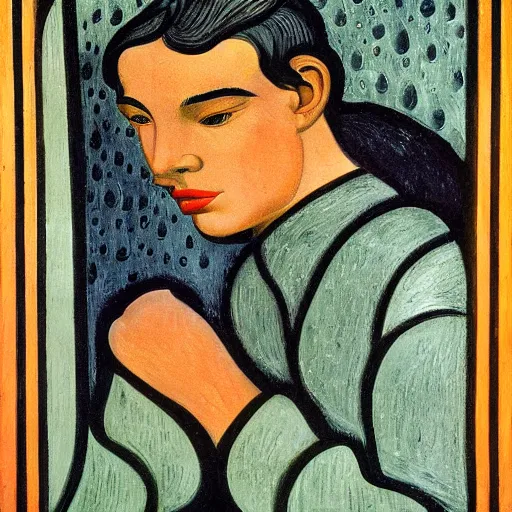 Prompt: young person looking through water wall, with clear glass, melancholic, sad, lots of raindrops, detailed, cinematic, dramatic lighting, by william zorach