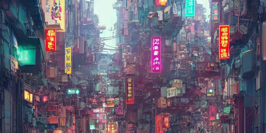 Image similar to a cyberpunk hong kong alley with robots and humans walking around by moebius, pixar color palette, clear details, street level, 8k