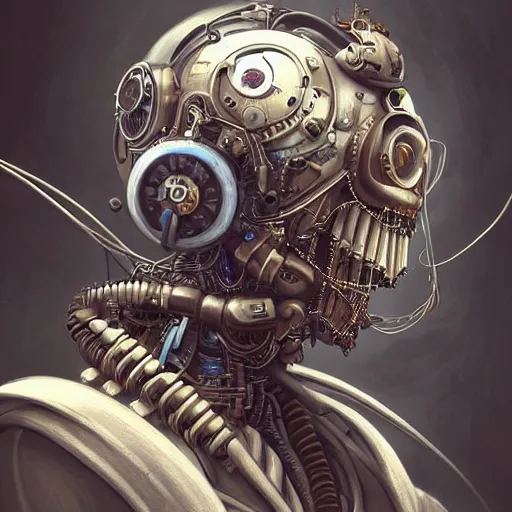 Image similar to portrait painting of a steampunk cyborg alien, transhumanism, ultra realistic, concept art, studio ghibli, intricate details, eerie highly detailed